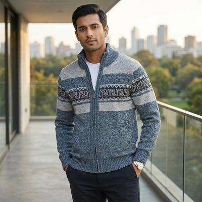 Men's Grey Grey Beige Knitted Hooded Cardigan Jacket