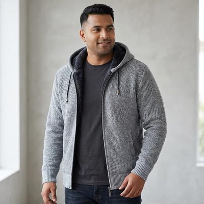 Men Fleece Hooded Zipper Coat Grey Plus Size