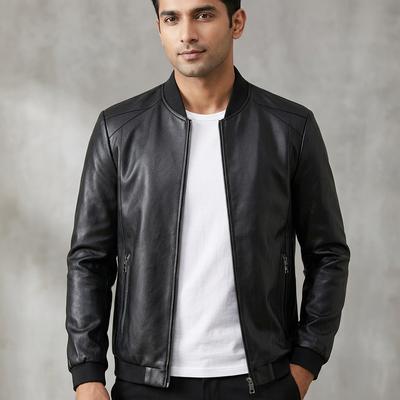 Men's Black Leather Bomber Jacket Slim Fit Spring Autumn