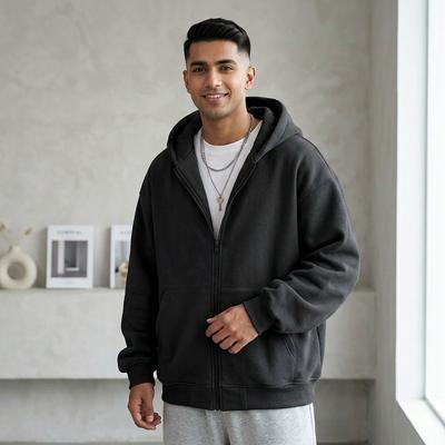Men Fleece Zipper Hoodie Black Winter Warm