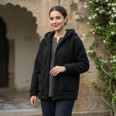 Women Fleece Zipper Hoodie Black 2024 Winter
