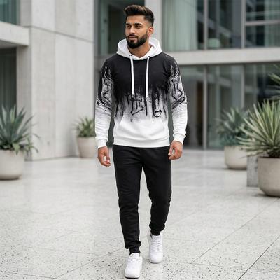 Men Hooded Sweat Set Black White Ink Print