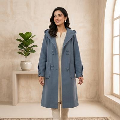 Women Woolen Hooded Trench Coat Blue M-5XL