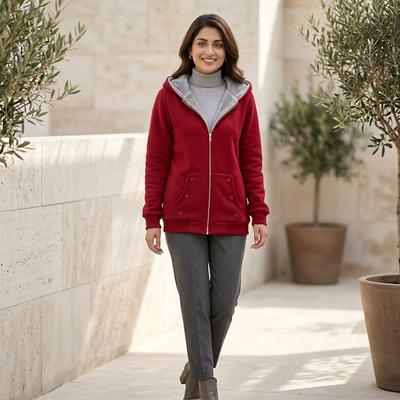 Women Fleece Hooded Sweatshirt Red Winter Jacket