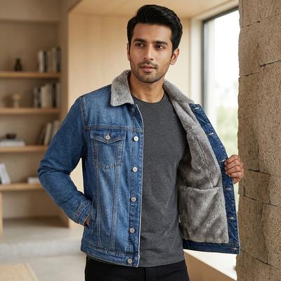 Men's Blue Denim Jacket Fleece Lined Warm Winter Jacket