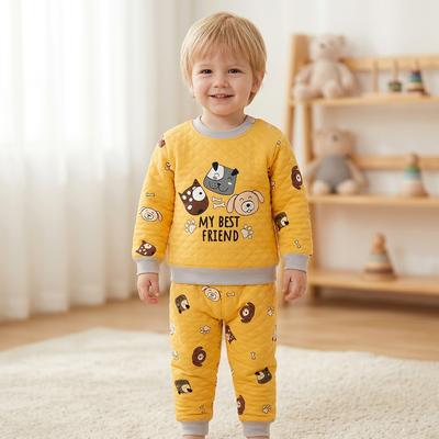 Kids Thermal Intimates Set Yellow Cartoon Print Three Layer