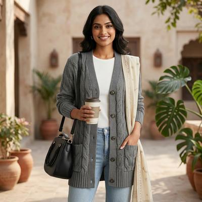 Women's Grey Knitted Cardigan Sweater Single Breasted Coat
