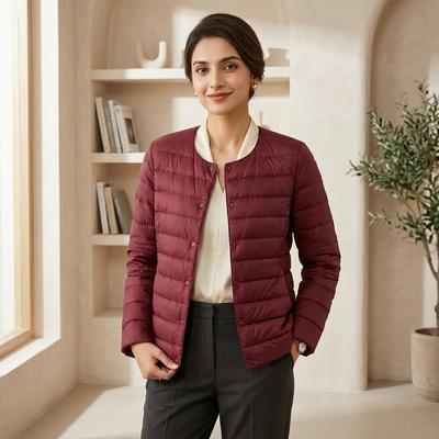 Women Maroon Puffer Jacket Round Neck Collar