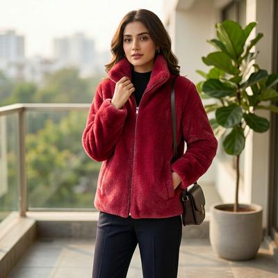 Women's Green Fleece Coat with Zipper Collar & Fleece Lining