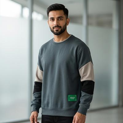 Men's Black Teal Grey Sweatshirt Loose Round Neck