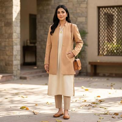 Women Woolen Coat 2025 Autumn Slim Fit Beige