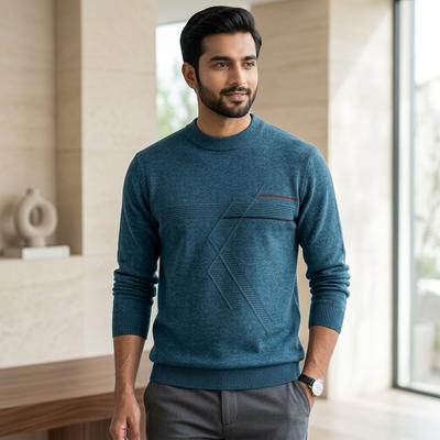 Men's Dark Blue Jacquard Round Neck Sweater with Red Grid Design