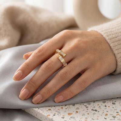 Gold Geometric Opal Bamboo Ring Adjustable Women