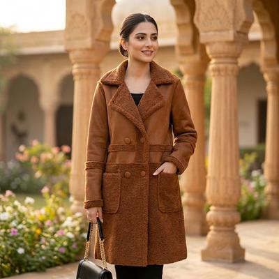 Women's Windbreaker Jacket Brown Fleece Double-Sided Mid-Length