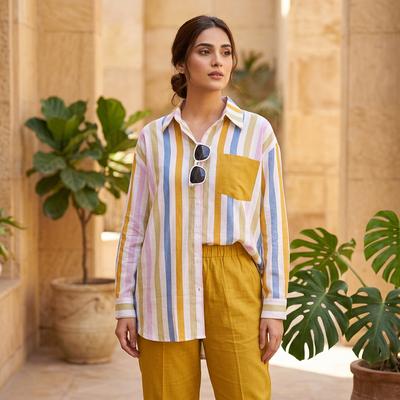 Women Striped Polo Collar Top Pants Suit 2023