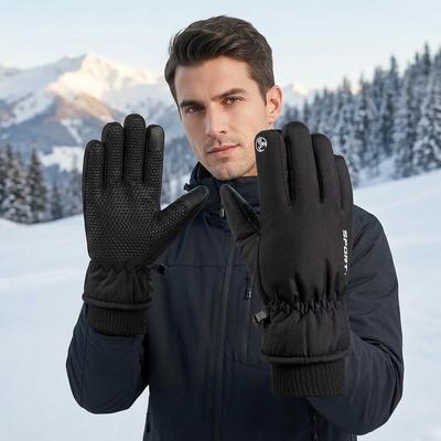 Men Winter Fleece Ski Gloves Grey Windproof Cold Proof