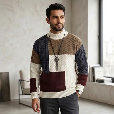 Japanese Retro Color Matching Sweater for Men Winter