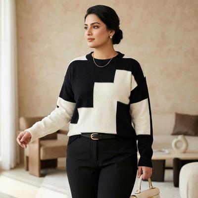 Plus Size Black White Color Block Knitwear Top