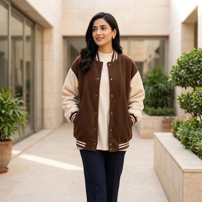 Women Fleece Lined Baseball Jacket Brown White Loose Fit
