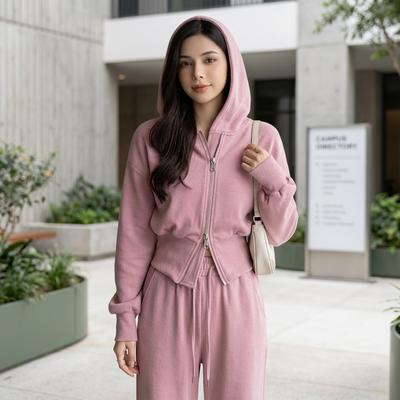 Women Pink Hooded Sweatshirt Set for Students