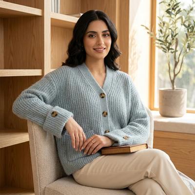 Women V Neck Knitted Cardigan Sweater Yellow Winter