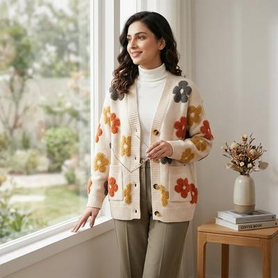 Women's Embroidered Floral Sweater Jacket Winter Casual