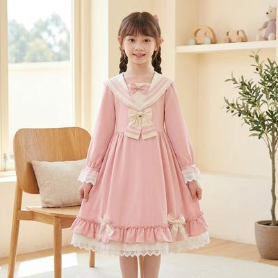 Girls' Pink Lace Long Sleeve School Dress Large