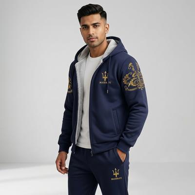 Winter Men's Black Hoodie Track Suit with Gold Embroidery