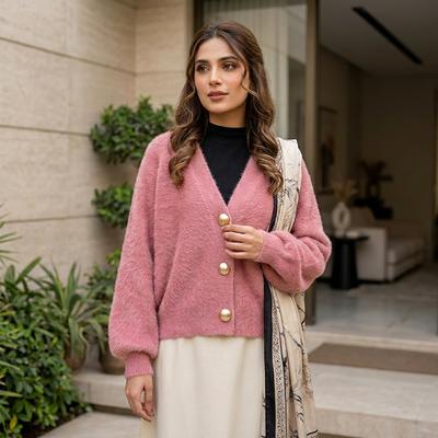 Pink Mink Velvet Knitted Cardigan for Women