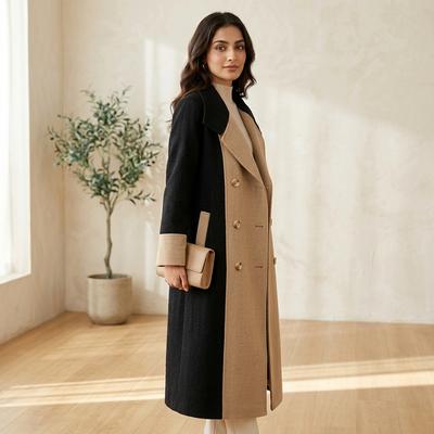 Women Woolen Long Coat Black Beige Contrast 2025
