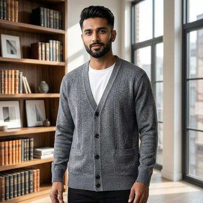 Men V-Neck Cardigan Coat Grey Black Cotton