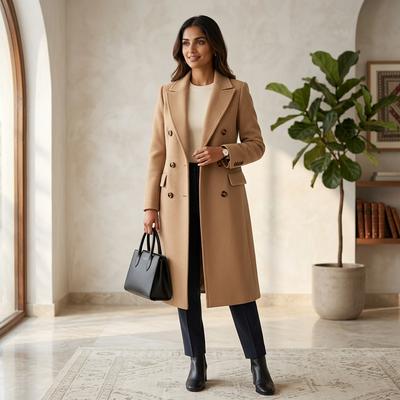 Women Wool Coat Beige Double Breasted 2022