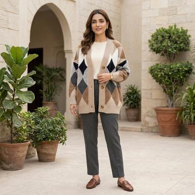 Women Knitted V-Neck Argyle Cardigan 2025 Winter