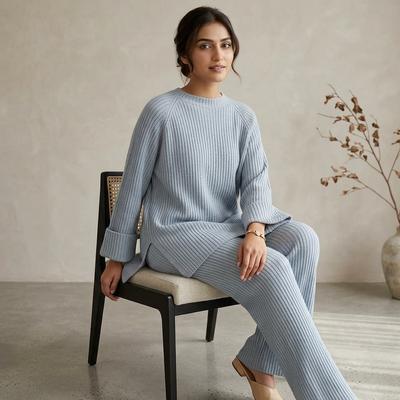 Long Sleeve Pure Color Knitted 2-Piece Suit for Women