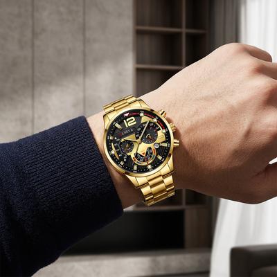 Men's Gold Chronograph Watch with 3-Eye Display