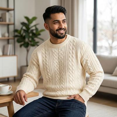 Men's Cream Round Neck Twist Sweater Winter Warm