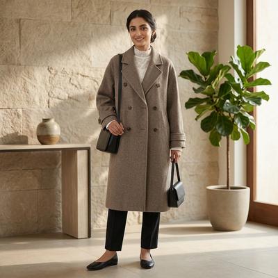 Women Woolen Double-Breasted Coat Black Mid-Length 2023