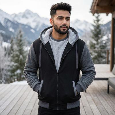 Men's Black Grey Hooded Fleece Jacket Large Winter Sports
