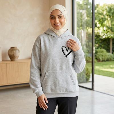 White Heart Print Hooded Sweatshirt for Men Women Loose Fit
