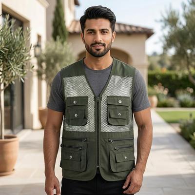 Men's Green Mesh Waistcoat Vest with 10 Pockets