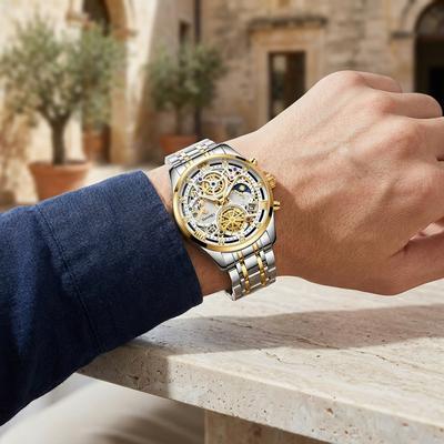 Men's Fake Mechanical Watch with Steel Band & Blue Dial