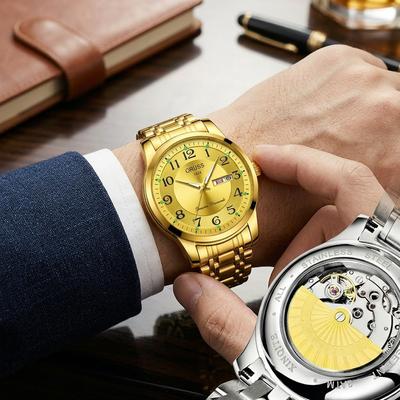 Men's Gold Mechanical Watch with Luminous Dial & Skeleton Back
