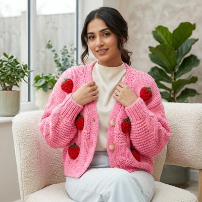 Pink Long Sleeve Three-Dimensional Sweater Women's Cardigan