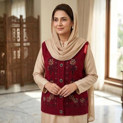 Mom's Knitted Cardigan Vest Navy Blue Floral Embroidered