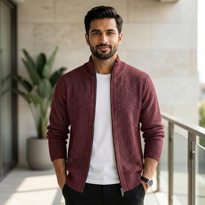 Men's Korean Knitted Cardigan Maroon Business Casual Spring Autumn Wear