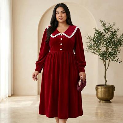 Plus Size Red Velvet French Dress for Women 2023