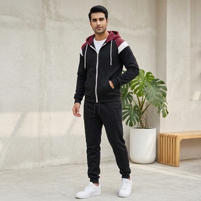 Men Black Zipper Hoodie Sweat Suit Spring Autumn 2Pc