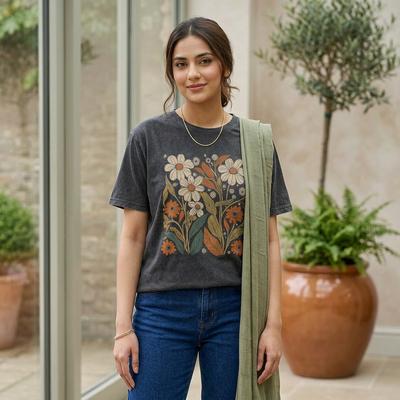 Women's Printed Round Neck T-Shirt Brown Floral Short Sleeve