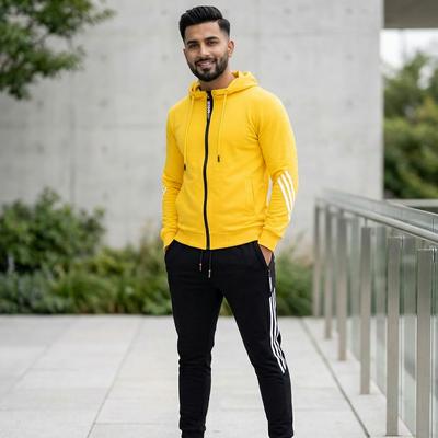 Men Yellow Black Hoodie Pants Set with 3Stripes