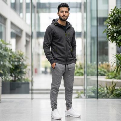 Men Hooded Zipper Track Suit Olive Green 2024